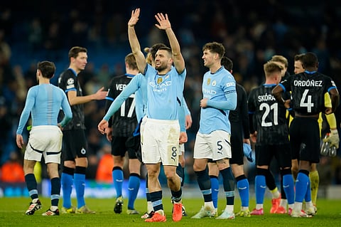Manchester City's Mateo Kovacic celebrates after the Champions League opening phase soccer match between Manchester City and Club Brugge at the Etihad Stadium in Manchester, Wednesday, Jan. 29, 2025.