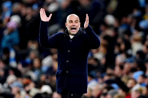 Manchester City manager Pep Guardiola reacts during the Champions League match against Club Brugge at the Etihad Stadium in Manchester (Photo | AP)