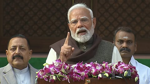 Prime Minister Narendra Modi addresses the media on the first day of the Budget session of Parliament, in New Delhi.