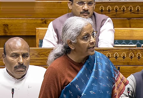 Union Finance Minister Nirmala Sitharaman presents the Economic Survey 2024-25 in the Lok Sabha during the Budget session of Parliament in New Delhi (Photo | PTI)