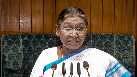 President Droupadi Murmu addresses the joint sitting of both Houses of Parliament on the first day of the Budget Session, in New Delhi, Friday, Jan. 31, 2025.