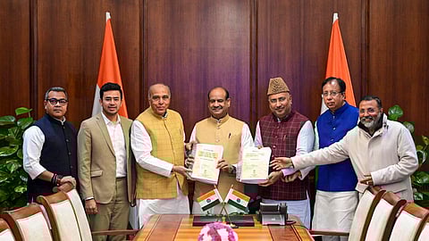 Members of the Joint Parliamentary Committee on Waqf Amendment Bill headed by its Chairman Jagdambika Pal during the submission of its report to Lok Sabha Speaker Om Birla, at the Parliament House, in New Delhi.