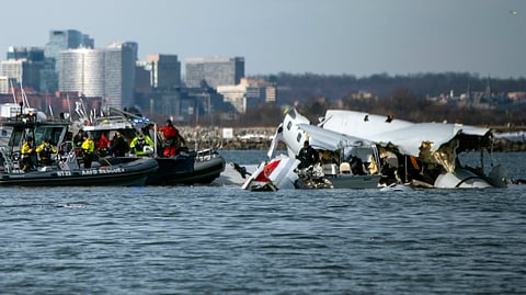 In this image provided by the U.S. Coast Guard, wreckage is seen in the Potomac River near Ronald Reagan Washington National Airport, Thursday, Jan. 30, 2025 in Washington.