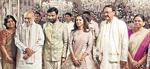 Amit Shah with the family members of Venkaiah Naidu