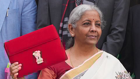 Union Finance Minister Nirmala Sitharaman upon her arrival at the Parliament House complex to present the Union Budget 2025-26, in New Delhi, Saturday, Feb. 1, 2025.