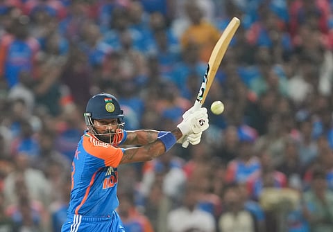 Indian batter Hardik Pandya during the fourth T20 cricket match between India and England, at Maharashtra Cricket Association Stadium, in Pune, Friday, Jan. 31, 2025.