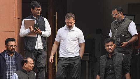 Leader of Opposition in the Lok Sabha Rahul Gandhi during the Budget session of Parliament, in New Delhi, Saturday, Feb. 1, 2025.