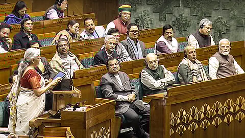 Union Finance Minister Nirmala Sitharaman presents the Union Budget 2025-26, as Prime Minister Narendra Modi, Defence Minister Rajnath Singh, Home Minister Amit Shah and others look on in the Lok Sabha during the Budget session of Parliament, in New Delhi, Saturday, Feb. 1, 2025.