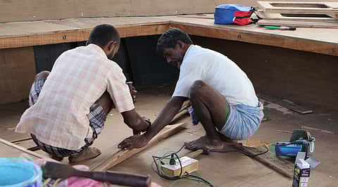 Repair works undertaken on a mechanised fishing vessel.