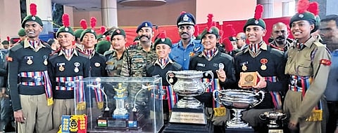 NCC cadets who participated in Republic Day parade pose with the trophies in Bengaluru on Saturday
