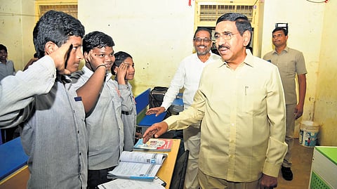 Minister P Narayana inspecting Santapeta Model School in Nellore