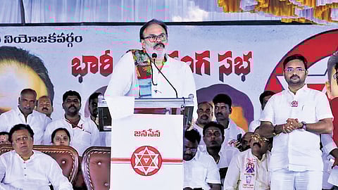 Jana Sena Party State general secretary K Nagababu speaks at a public meeting in Punganur on Sunday