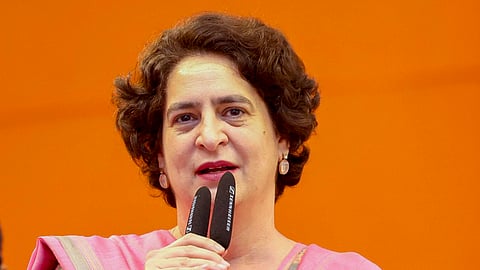 Congress leader Priyanka Gandhi addresses a public meeting for upcoming assembly elections, in Seemapuri, Delhi, Sunday, Feb. 2, 2025.