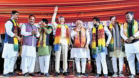 TDP supremo and AP Chief Minister N Chandrababu Naidu campaigning for BJP’s Shahdara Assembly candidate Sanjay Goel | Express