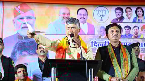 Andhra CM Nara Chandrababu Naidu campaign at Shahdara in support of BJP candidate Sanjay Goyal on Sunday.