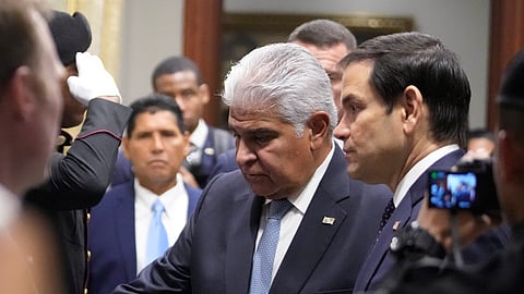 Panama's President Jose Mulino, left, and U.S. Secretary of State Marco Rubio arrive for a meeting at the presidential palace in Panama City, Sunday, Feb. 2, 2025