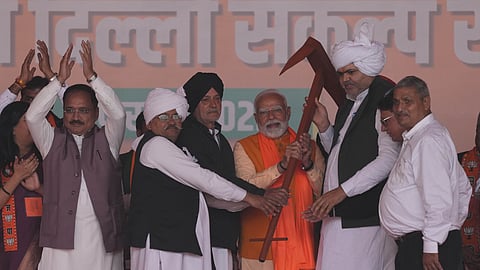 Prime Minister Narendra Modi during a public meeting ahead of the Delhi Assembly election, at RK Puram in New Delhi, Sunday, Feb. 2, 2025.