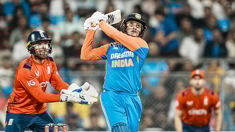 India's Abhishek Sharma plays a shot during the fifth Twenty-20 cricket match between India and England at the Wankhede Stadium, in Mumbai, Sunday, Feb. 2, 2025.