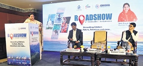 Dy CM Pravati Parida addressing the tourism roadshow in Hyderabad