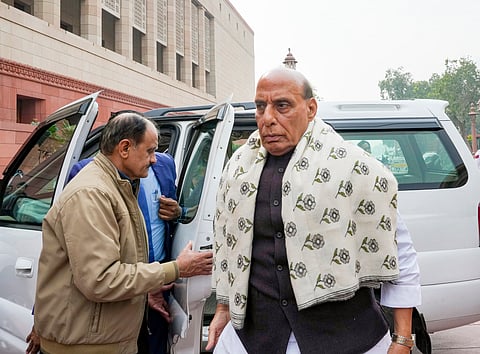Defence Minister Rajnath Singh during the Budget session of Parliament, at the Parliament House complex in New Delhi, Tuesday, Feb. 4, 2025.