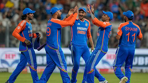 India's players celebrates the wicket of England's Harry Brook during the fifth Twenty20 cricket match between India and England at Wankhede Stadium in Mumbai, India, Sunday, Feb. 2, 2025.