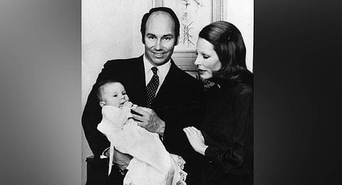 Karim Aga Khan, his wife the Begum Salima, and their son, Prince Rahim are seen in Geneva, Feb. 9, 1972. The baby was born October 12, 1971, in Geneva.