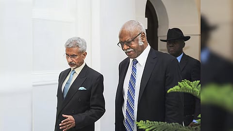 External Affairs Minister S. Jaishankar with President of United Nations General Assembly (UNGA) Philemon Yang on Wednesday in New Delhi.