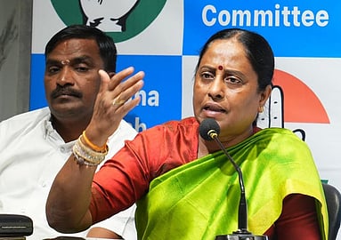 Minister Konda Surekha addressing the media during a press conference at Gandhi Bhavan in Hyderabad