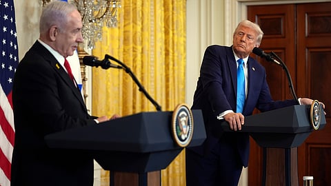 President Donald Trump and Israel's Prime Minister Benjamin Netanyahu speak during a news conference in the East Room of the White House, Tuesday, Feb. 4, 2025, in Washington.