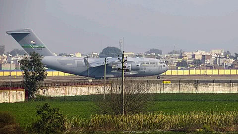 A US military C-17 transport aircraft carrying Indians deported for illegal immigration landed in Amritsar on Wednesday, Feb. 5, 2025.