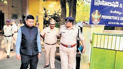 Excise Commissioner Nishanth Kumar conducted at the Machilipatnam and Vuyyuru Excise Stations on Wednesday.