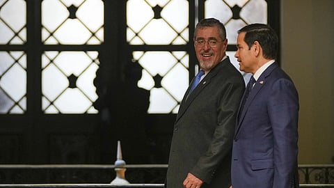 US Secretary of State Marco Rubio and Guatemalan President Bernardo Arévalo arrive to give a joint press conference at the National Palace in Guatemala City, Wednesday, Feb 5, 2025.