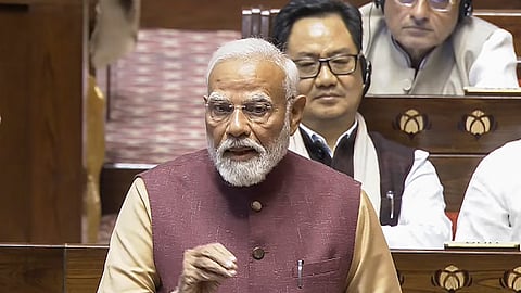 Prime Minister Narendra Modi speaks in the Rajya Sabha during the Budget session of Parliament, in New Delhi, Thursday, Feb. 6, 2025.