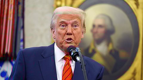 President Donald Trump speaks before Pam Bondi is sworn in as Attorney General by Supreme Court Associate Justice Clarence Thomas, in the Oval Office of the White House, Wednesday, Feb. 5, 2025, in Washington.