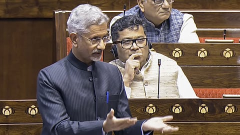 External Affairs Minister S. Jaishankar speaks in the Rajya Sabha during the Budget session of Parliament, in New Delhi, Thursday, Feb. 6, 2025.
