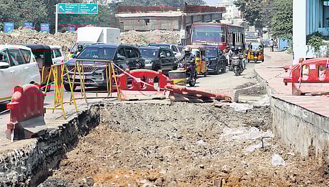 Traffic congestion on Rajiv Gandhi Salai after the foot overbridge near Madhya Kailash junction, opposite VHS hospital, was demolished