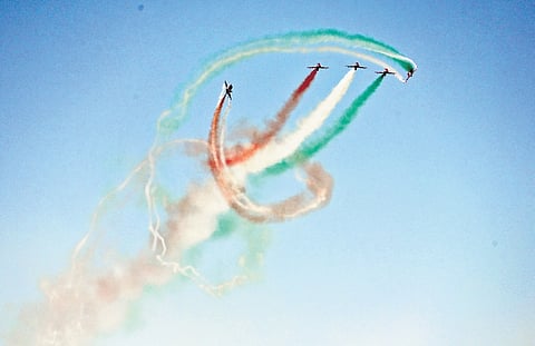 IAF’s Surya Kiran Aerobatic team performs at the rehearsal at Yelahanka Air Force Station in Bengaluru on Thursday.