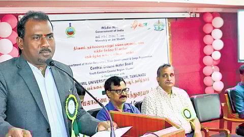 M Sivakumar, regional director (South Eastern Coastal Region), Central Ground Water Board, addressing the meeting | Express