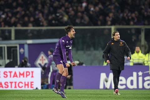 Fiorentina's Luca Ranieri celebrates after scoring his team's first goal during the Serie A soccer match between Fiorentina and Inter Milan, at the Artemio Franchi stadium in Florence, Italy, Thursday, Feb. 6, 2025.