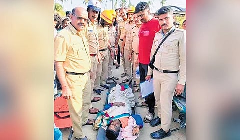 Fire personnel rescue the woman from the well at Tadaga village in Ajjampura.