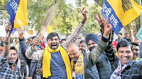 AAP supporters ahead of the Delhi Assembly 2025 results.