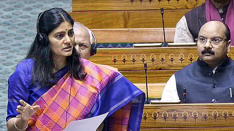 Minister of State for Health and Family Welfare Anupriya Patel speaks in the Lok Sabha during the Budget session of Parliament, in New Delhi, Friday, Feb. 7, 2025.