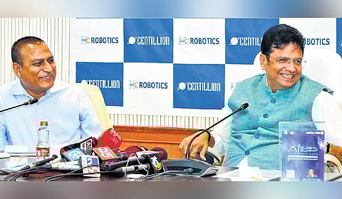 IT and Industries Minister D Sridhar Babu during a meeting with the representatives of HC Robotics at Secretariat in Hyderabad on Friday.