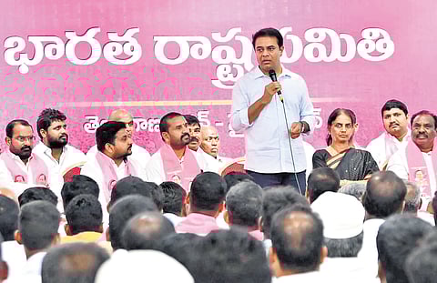 BRS working president KT Rama Rao addresses cadre from the party’s Vikarabad unit during a meeting held at the Telangana Bhavan in Hyderabad on Saturday