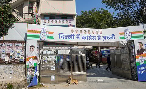 View of the Delhi Pradesh Congress Committee (DPCC) premises amid the counting of votes for the Delhi Assembly polls, in New Delhi, Saturday, Feb. 8, 2025.