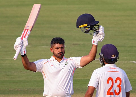 Vidarbha's Karun Nair after reaching the three-figure mark on Saturday