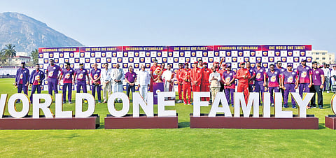 One World (India) and One Family (Sri Lanka) players pose at Sai Krishnan Cricket Stadium, Muddenahalli, on Saturday