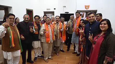 BJP president Virendra Sachdeva along with newly BJP MLA's during a meeting at BJP Delhi office.