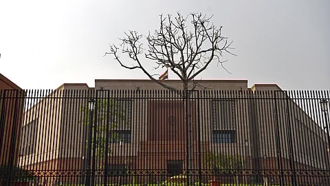 A view of the parliament house building in New Delhi.