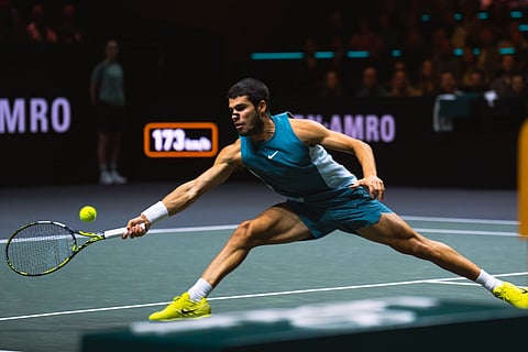 Alcaraz survived another three break points and then fought his way back into the match with a break of his own, seizing the game with a forehand smash after a lengthy rally.